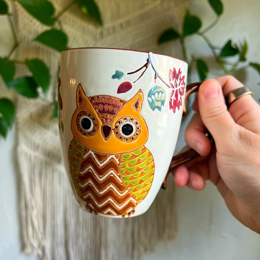 Vintage Owl Mug – Embossed Ceramic Coffee Cup – Cottagecore Fall Leaves